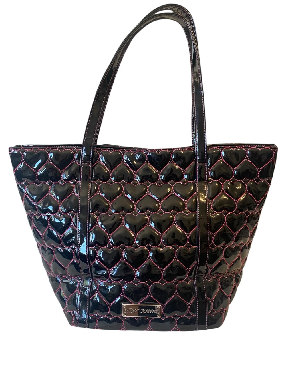 Betsey Johnson Betseyville Y2K Black Quilted Pink Heart Tote Bag Bow